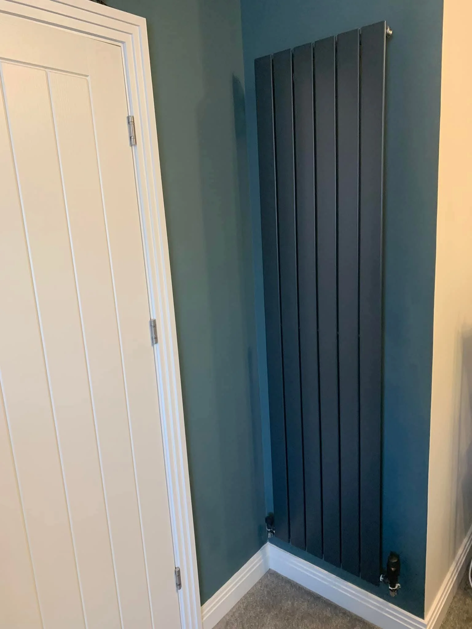 Black vertical radiator mounted on a teal wall