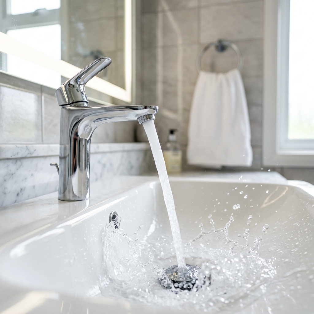 Dynamic clean running tap with water splashing in a modern sink